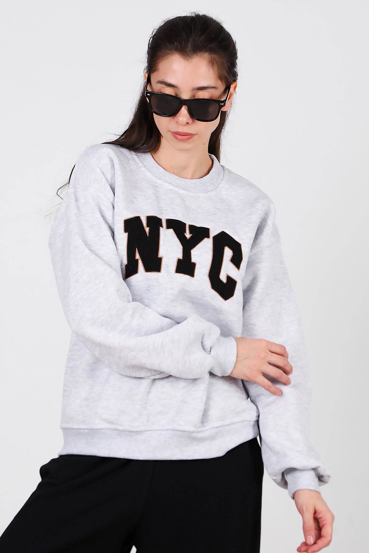 Kadın Yazılı Bisiklet Yaka Sweat Gri