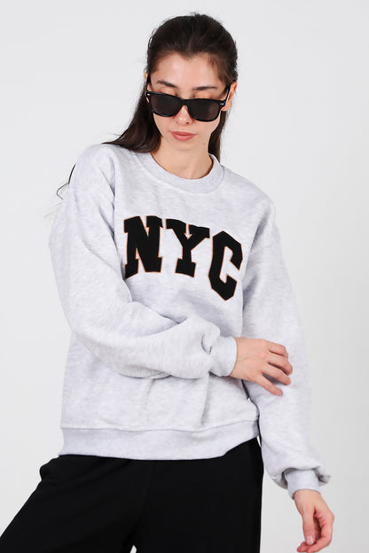Kadın Yazılı Bisiklet Yaka Sweat Gri