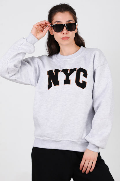 Kadın Yazılı Bisiklet Yaka Sweat Gri