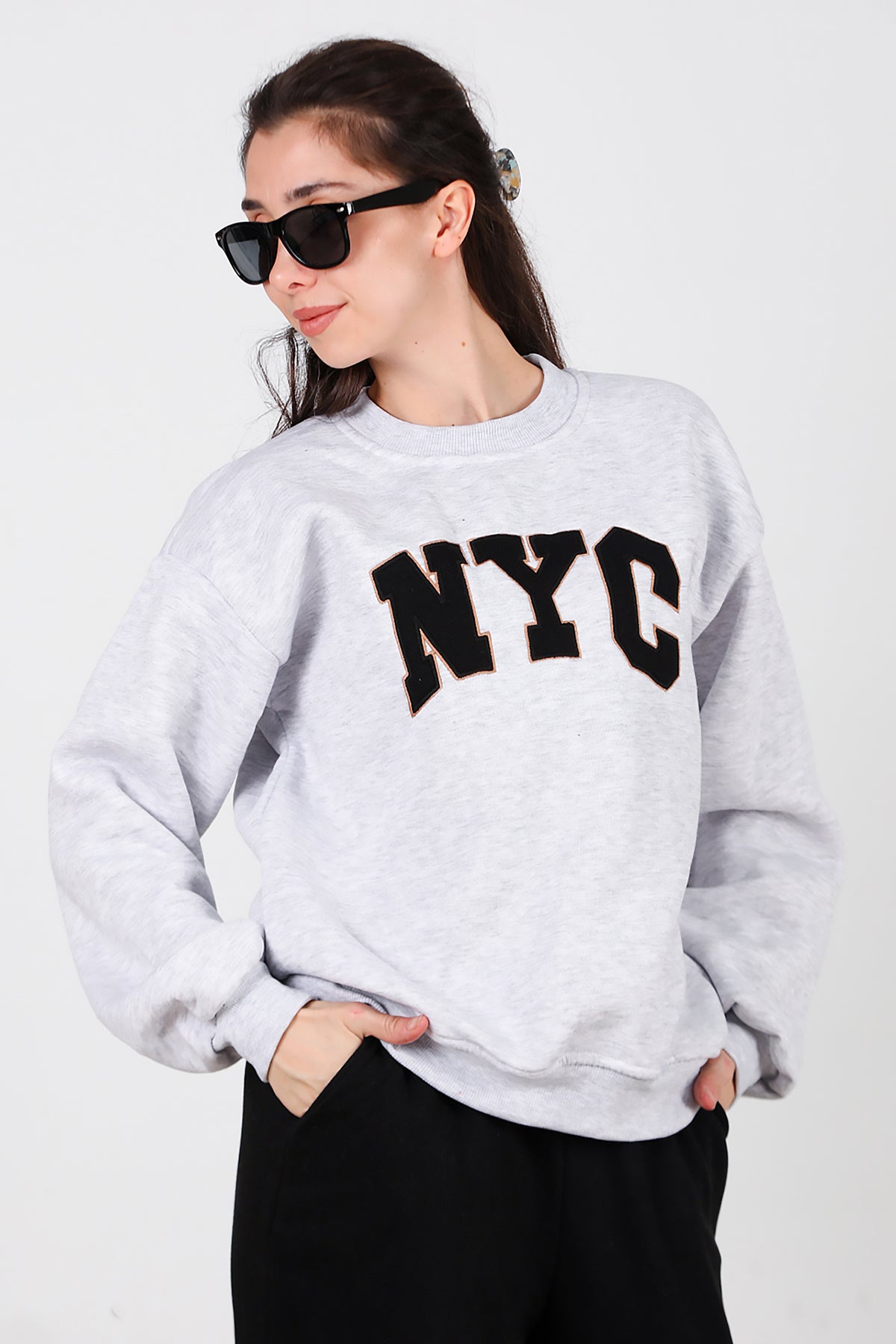 Kadın Yazılı Bisiklet Yaka Sweat Gri