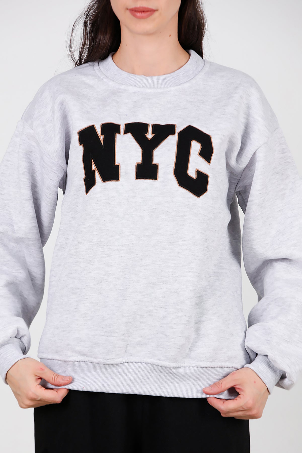 Kadın Yazılı Bisiklet Yaka Sweat Gri