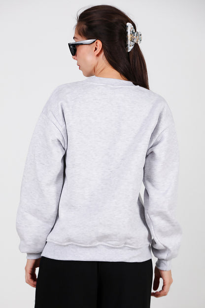 Kadın Yazılı Bisiklet Yaka Sweat Gri