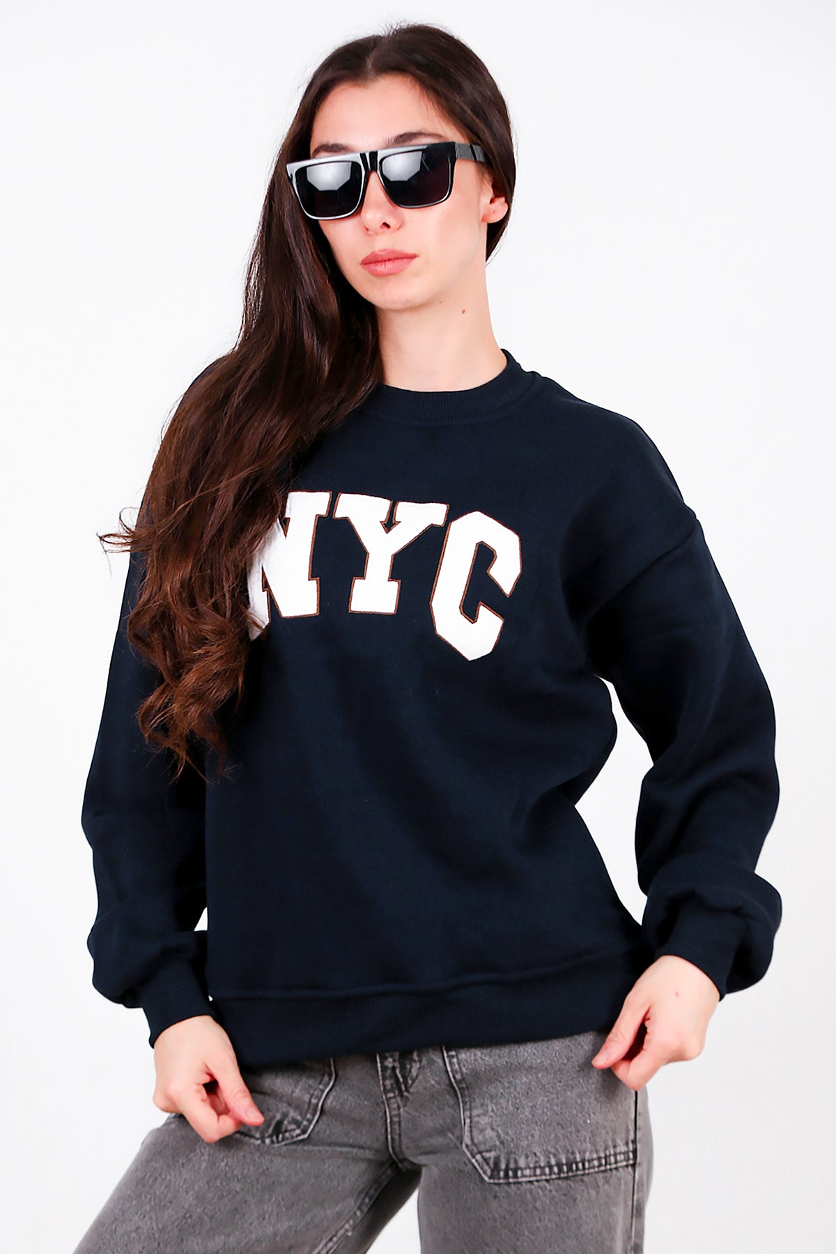 Kadın Yazılı Bisiklet Yaka Sweat Lacivert