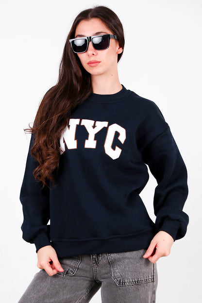 Kadın Yazılı Bisiklet Yaka Sweat Lacivert