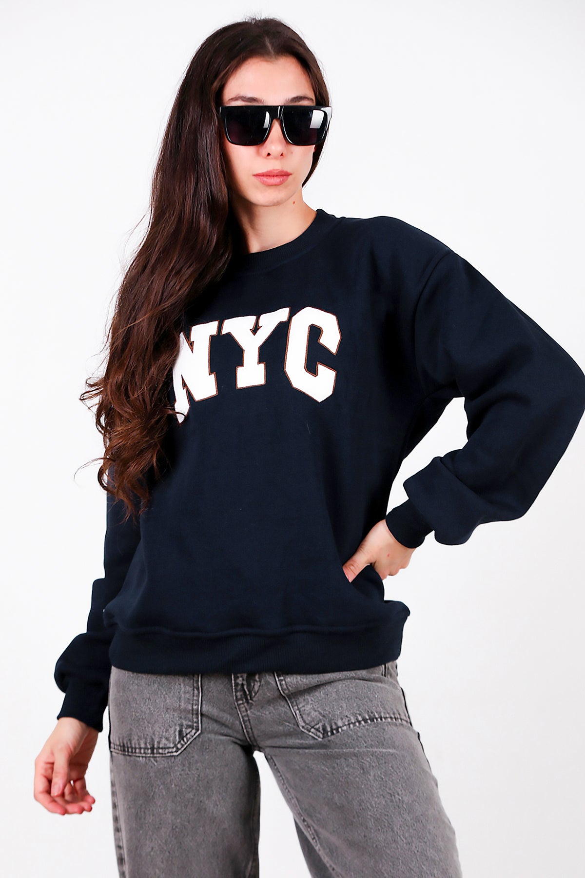 Kadın Yazılı Bisiklet Yaka Sweat Lacivert