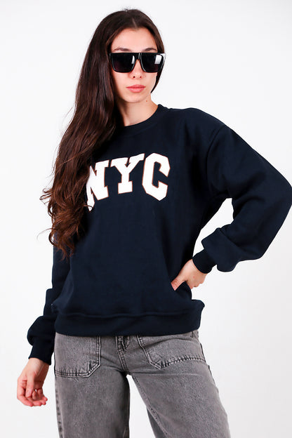 Kadın Yazılı Bisiklet Yaka Sweat Lacivert