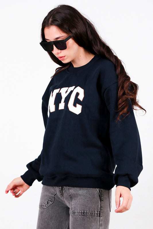 Kadın Yazılı Bisiklet Yaka Sweat Lacivert