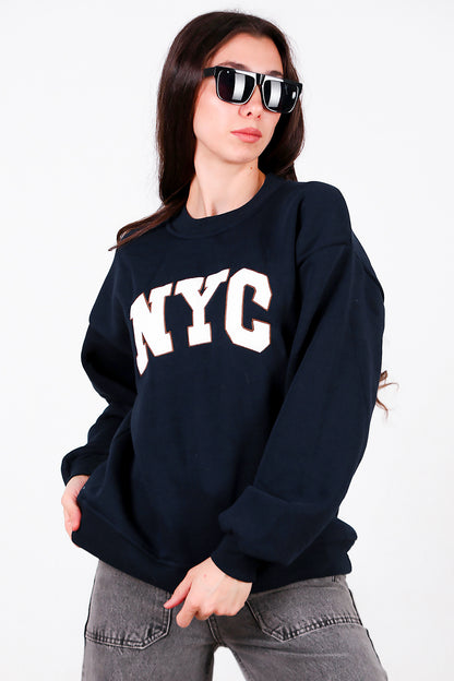Kadın Yazılı Bisiklet Yaka Sweat Lacivert