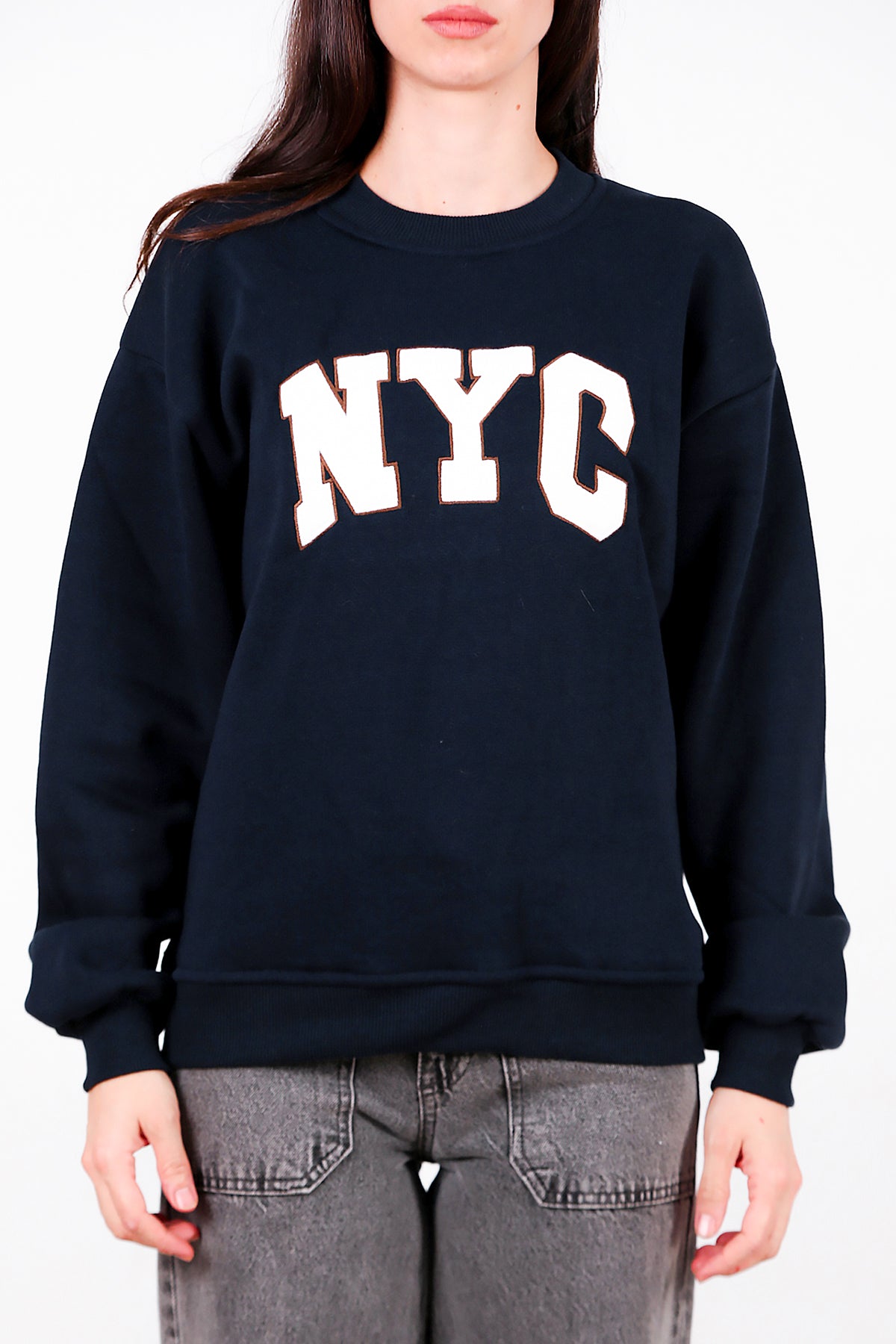 Kadın Yazılı Bisiklet Yaka Sweat Lacivert