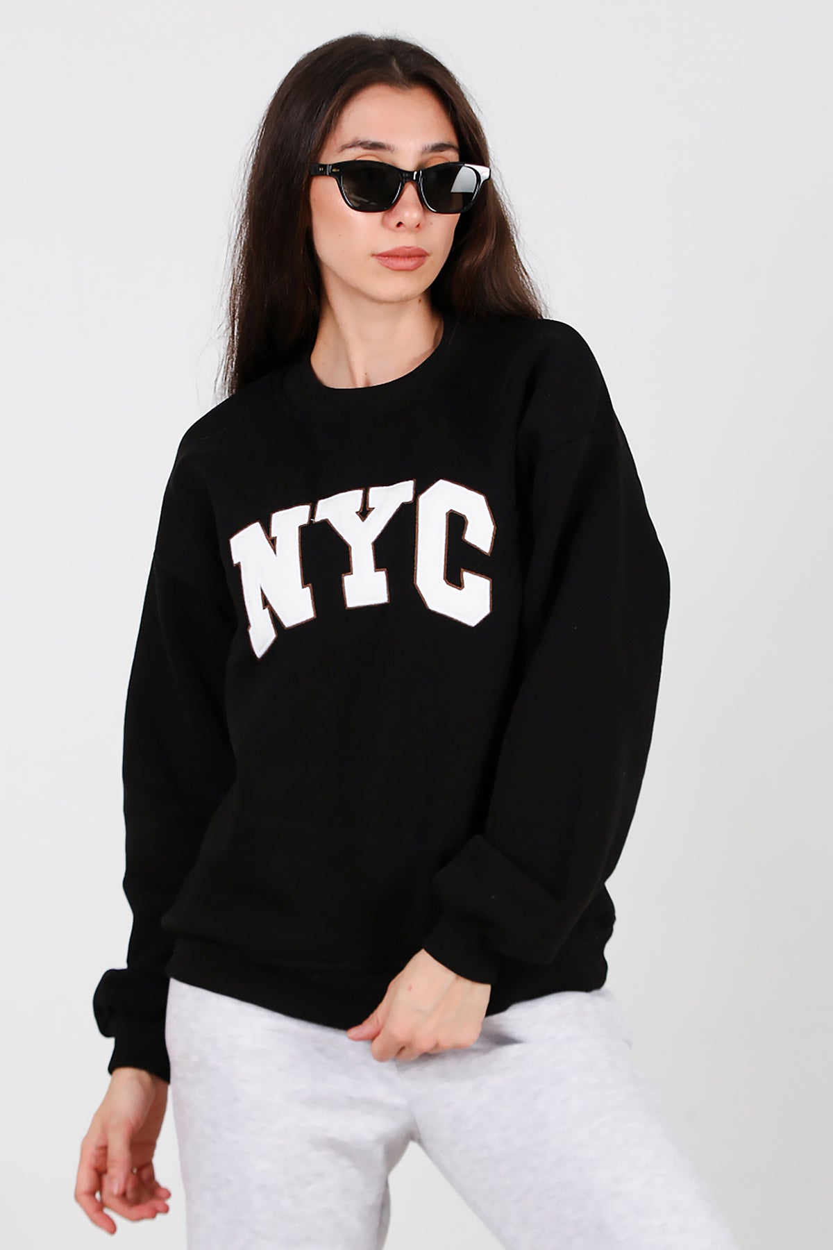 Kadın Yazılı Bisiklet Yaka Sweat Siyah