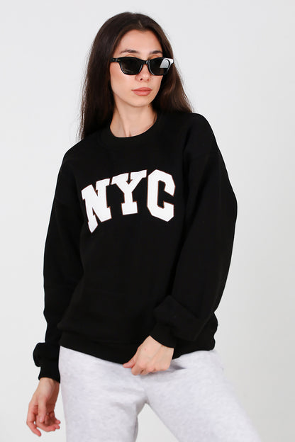 Kadın Yazılı Bisiklet Yaka Sweat Siyah