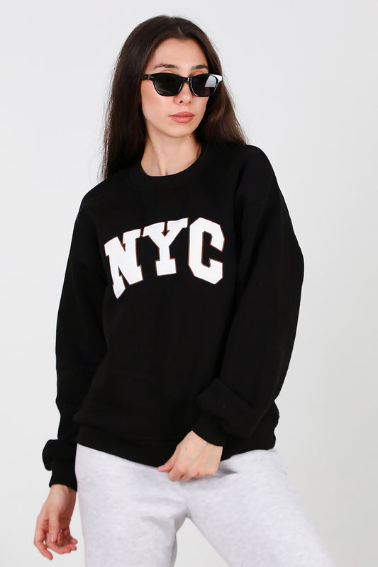 Kadın Yazılı Bisiklet Yaka Sweat Siyah