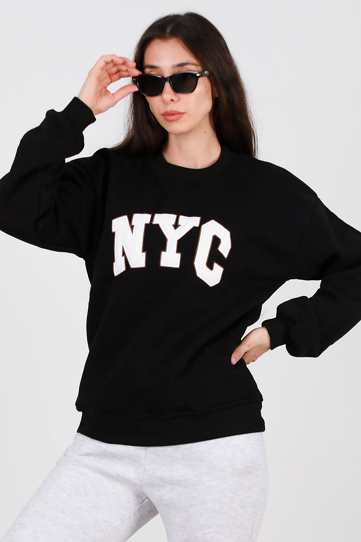 Kadın Yazılı Bisiklet Yaka Sweat Siyah