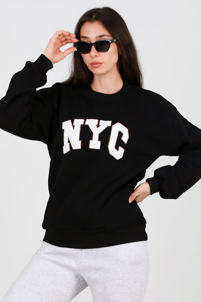 Kadın Yazılı Bisiklet Yaka Sweat Siyah