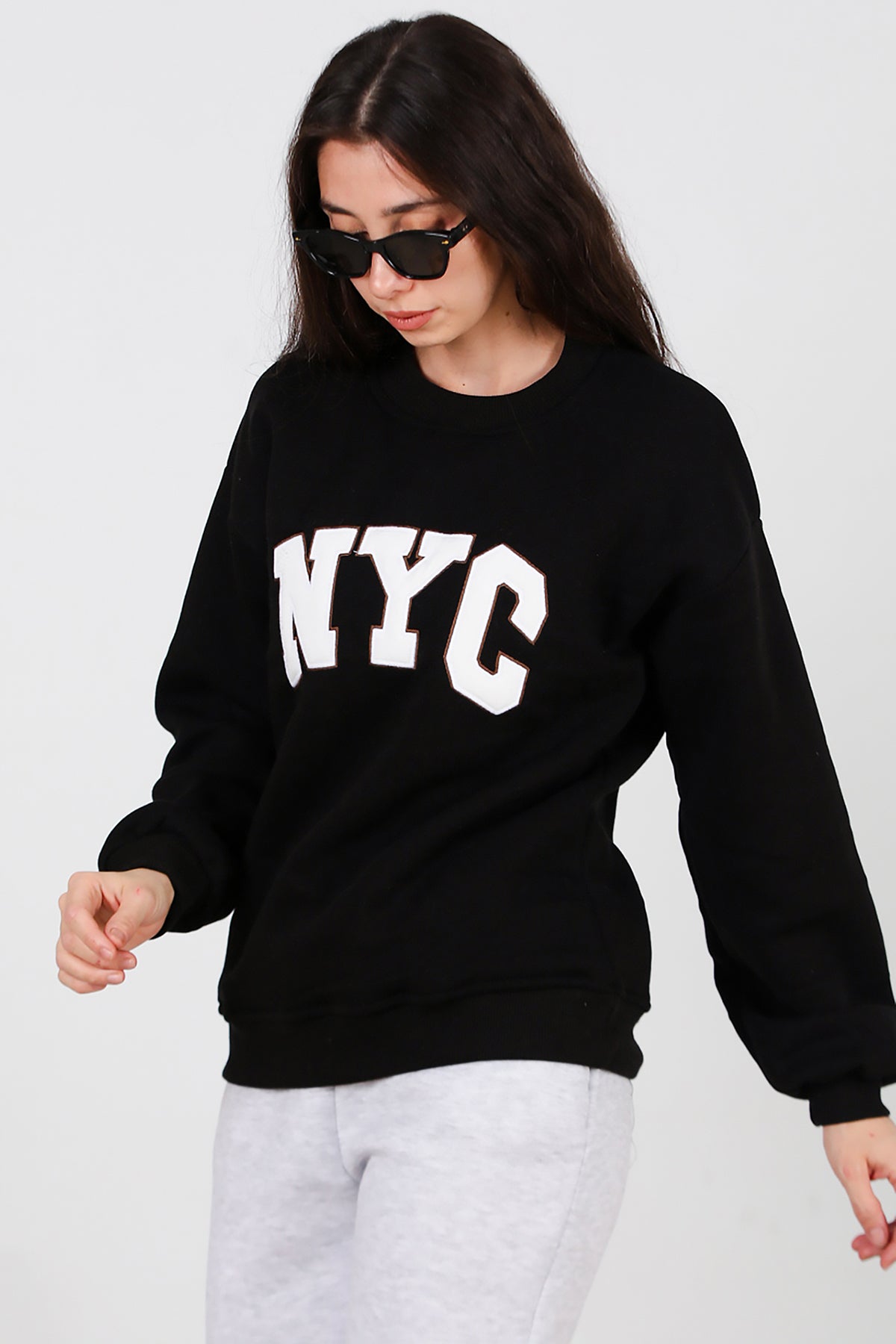 Kadın Yazılı Bisiklet Yaka Sweat Siyah