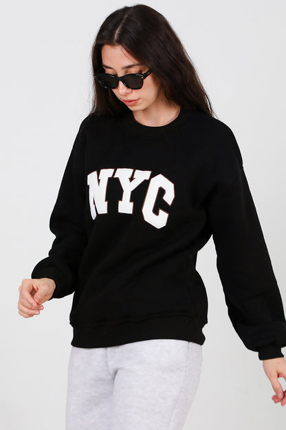 Kadın Yazılı Bisiklet Yaka Sweat Siyah