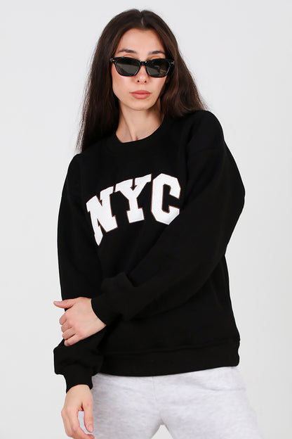 Kadın Yazılı Bisiklet Yaka Sweat Siyah