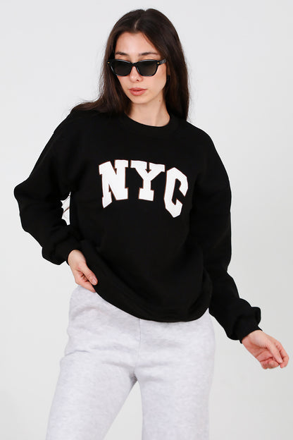 Kadın Yazılı Bisiklet Yaka Sweat Siyah