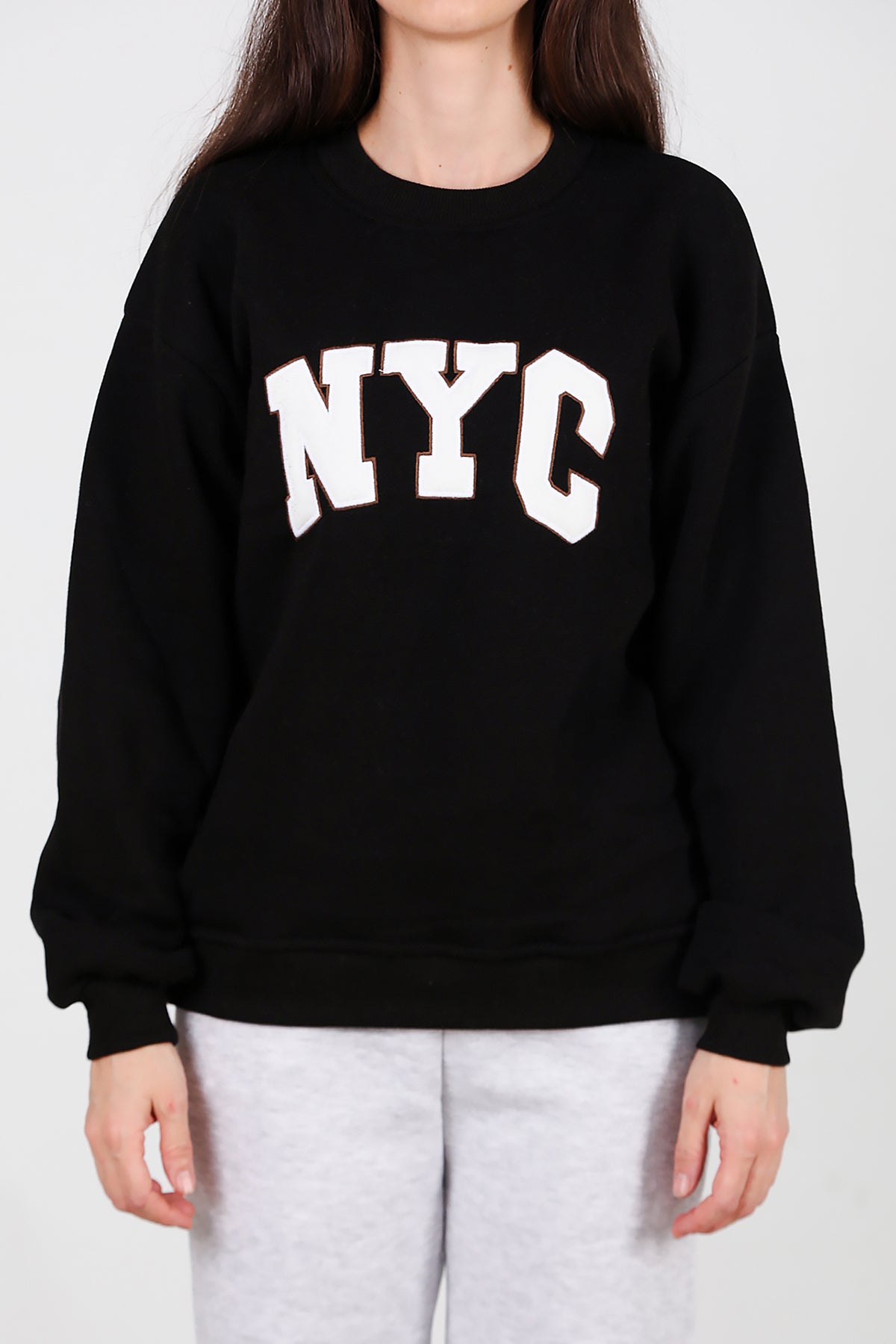 Kadın Yazılı Bisiklet Yaka Sweat Siyah