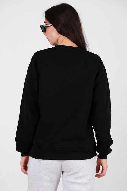 Kadın Yazılı Bisiklet Yaka Sweat Siyah