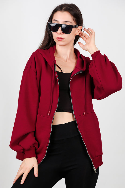 Kadın Kapşonlu Fermuarlı Şardonlu Sweat Bordo