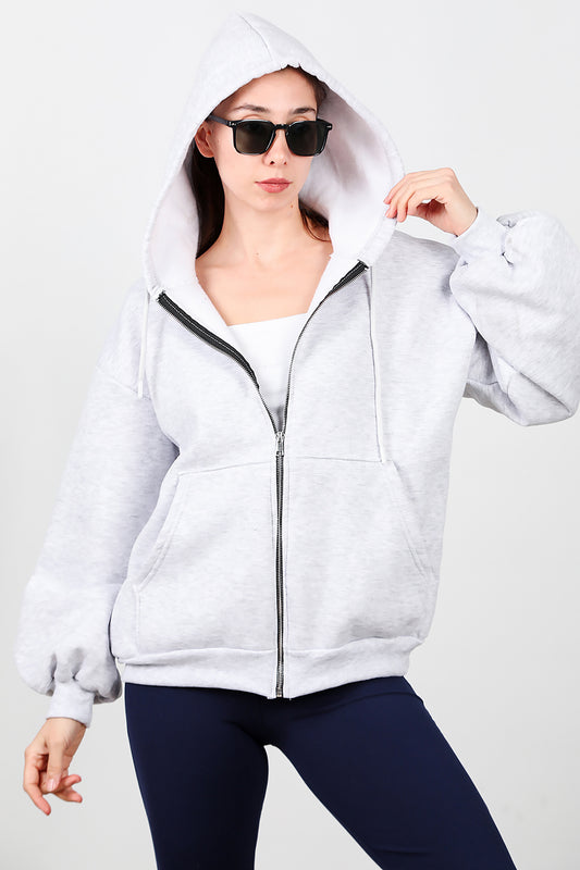 Kadın Kapşonlu Fermuarlı Şardonlu Sweat Gri