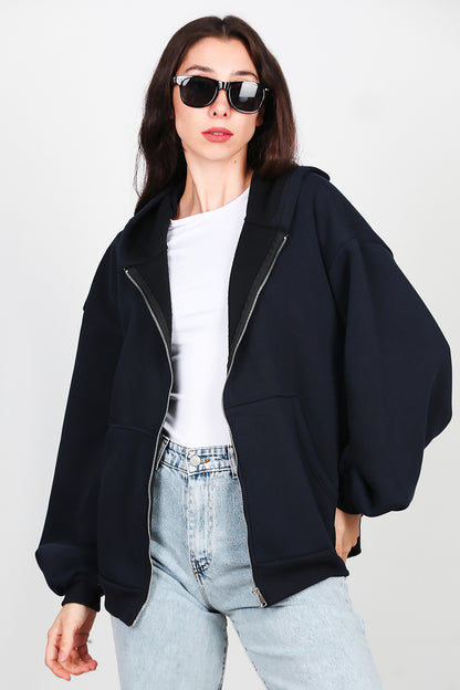 Kadın Kapşonlu Fermuarlı Şardonlu Sweat Lacivert