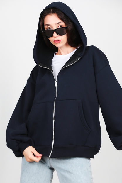Kadın Kapşonlu Fermuarlı Şardonlu Sweat Lacivert