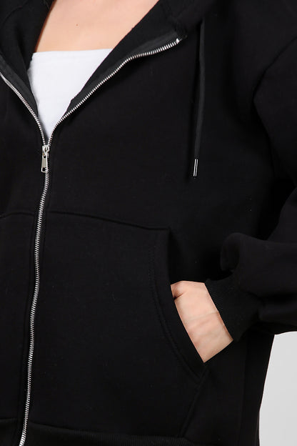 Kadın Kapşonlu Fermuarlı Şardonlu Sweat Siyah