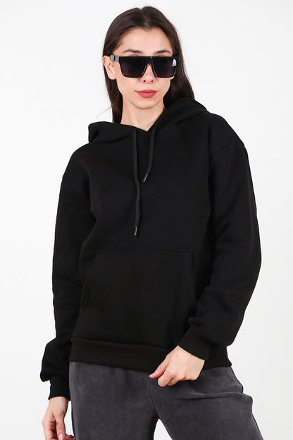 Kadın Kapşonlu Üç İplik Sweat Siyah