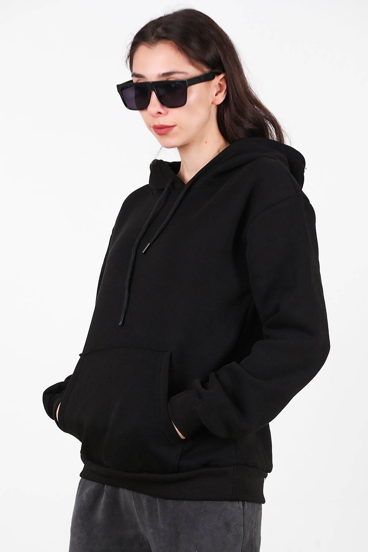 Kadın Kapşonlu Üç İplik Sweat Siyah