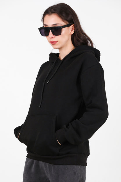Kadın Kapşonlu Üç İplik Sweat Siyah