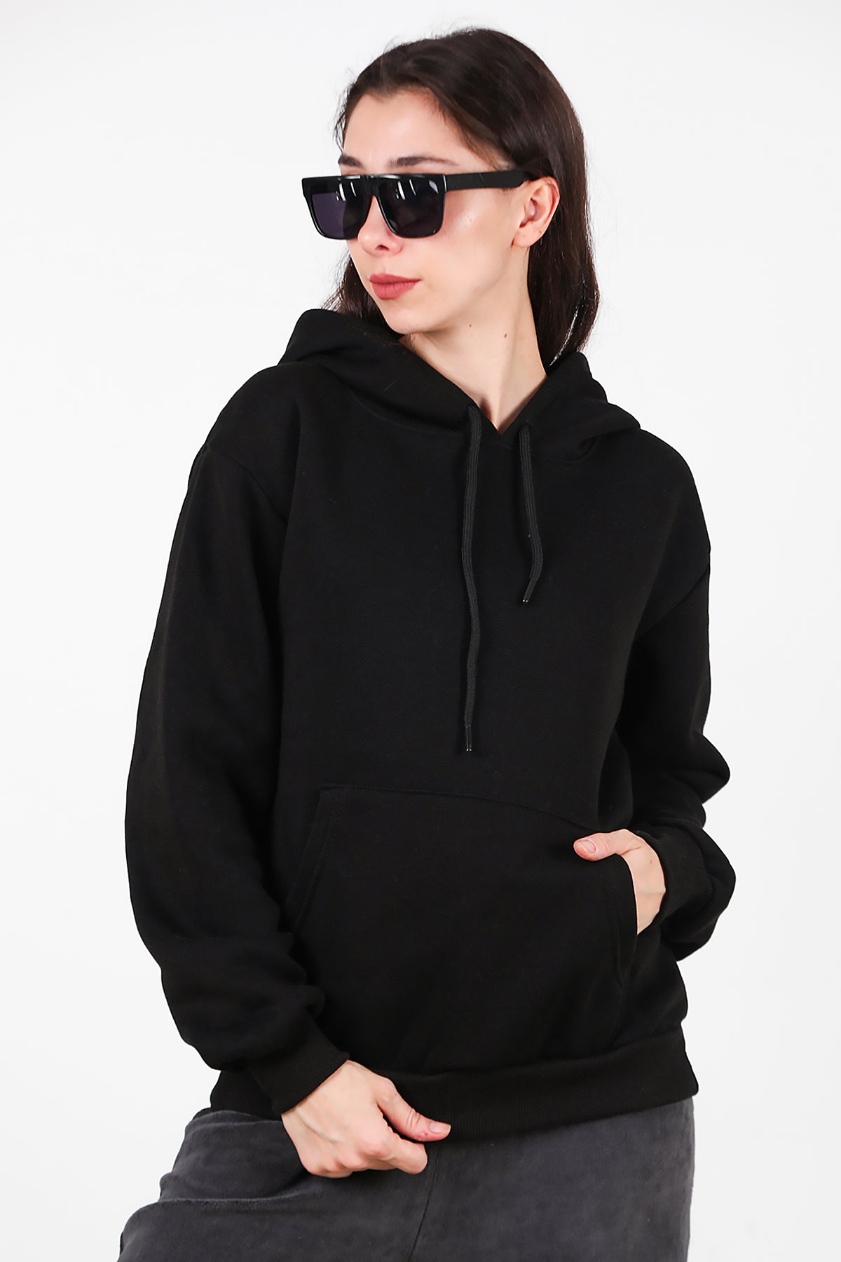 Kadın Kapşonlu Üç İplik Sweat Siyah