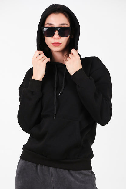 Kadın Kapşonlu Üç İplik Sweat Siyah