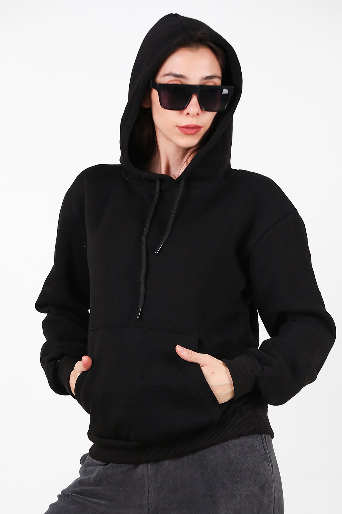 Kadın Kapşonlu Üç İplik Sweat Siyah