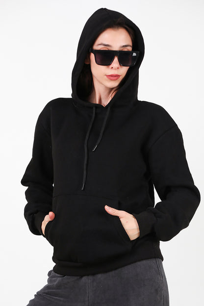 Kadın Kapşonlu Üç İplik Sweat Siyah