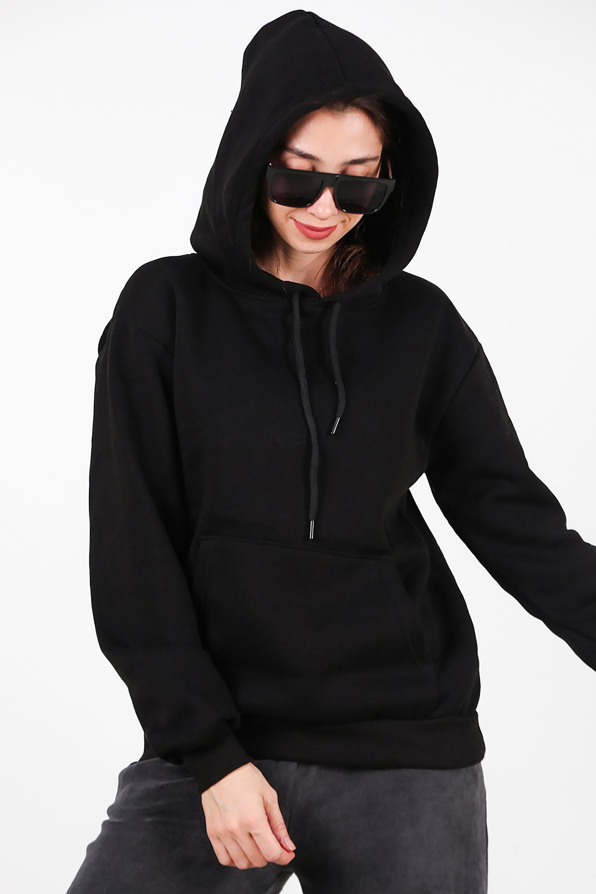 Kadın Kapşonlu Üç İplik Sweat Siyah