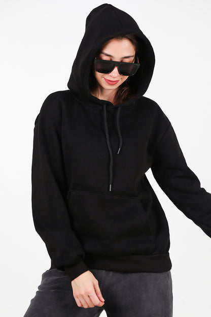 Kadın Kapşonlu Üç İplik Sweat Siyah