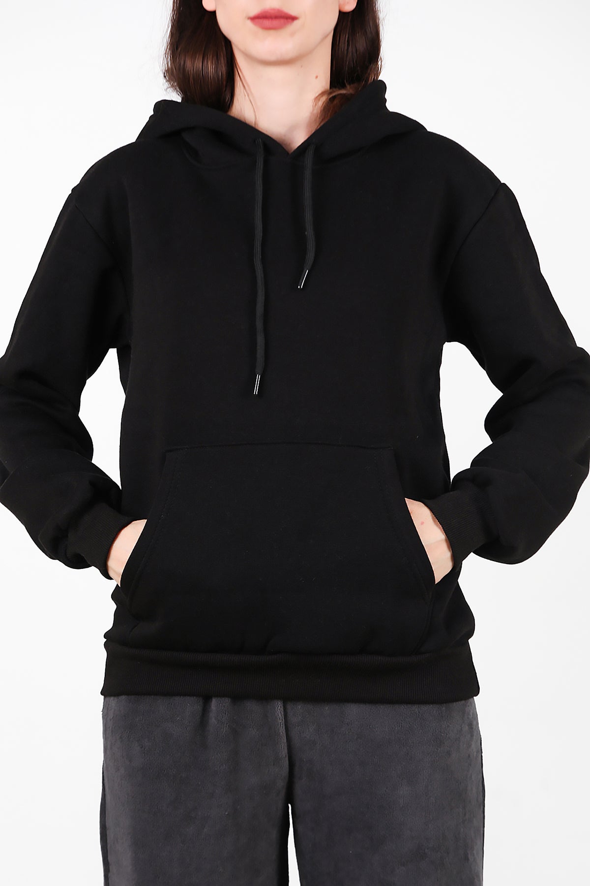 Kadın Kapşonlu Üç İplik Sweat Siyah
