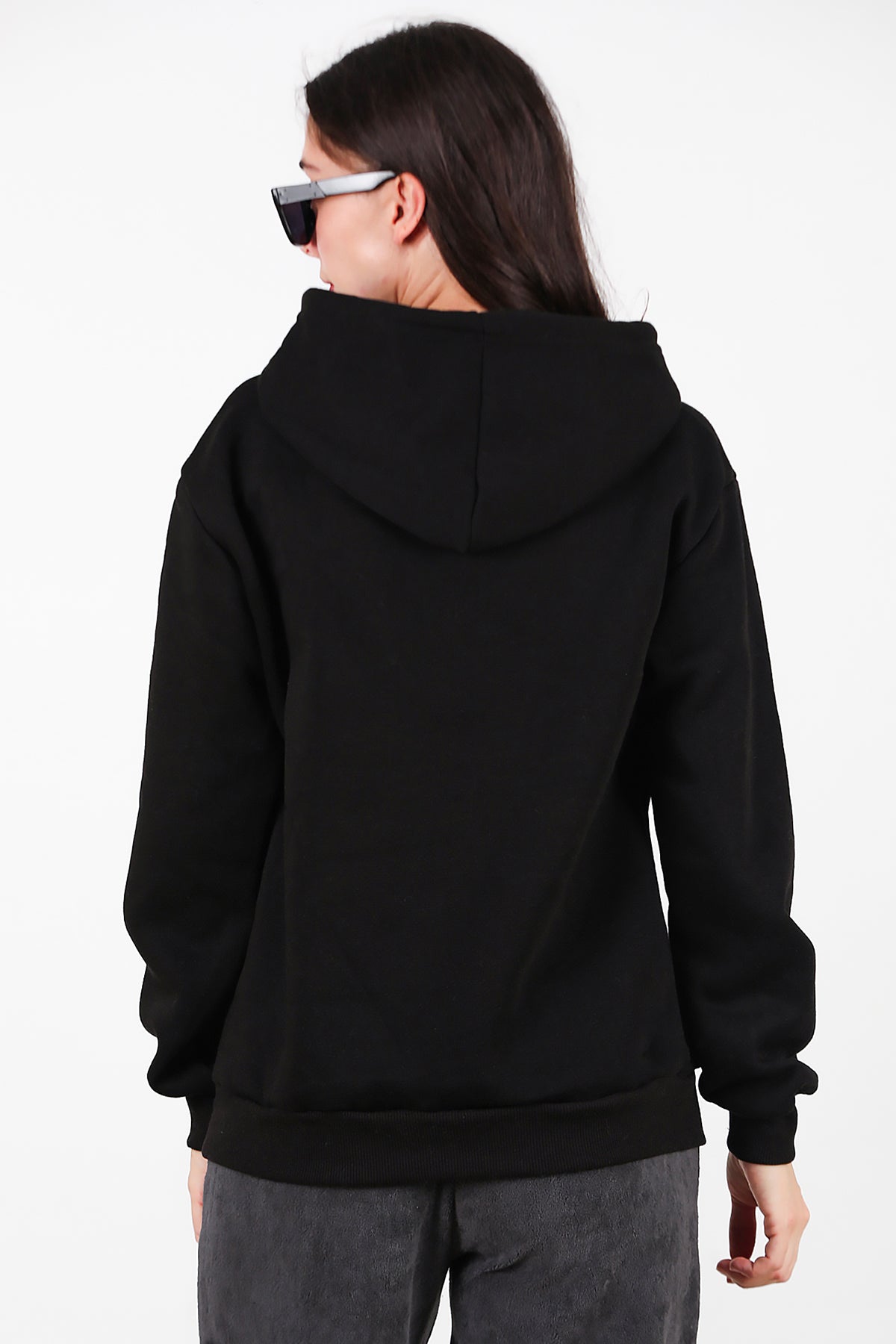 Kadın Kapşonlu Üç İplik Sweat Siyah