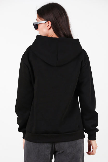 Kadın Kapşonlu Üç İplik Sweat Siyah