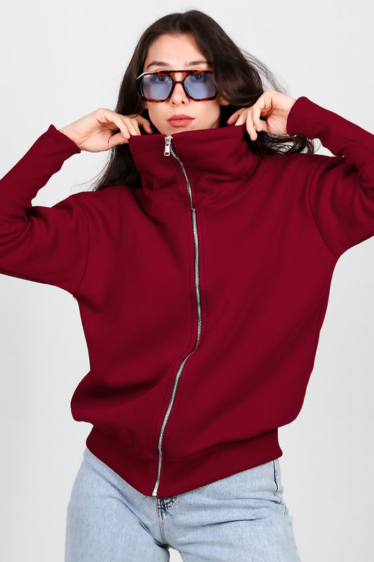 Kadın Dik Yaka Fermuarlı Sweat Bordo