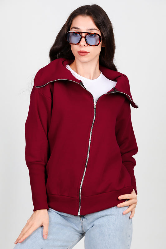 Kadın Dik Yaka Fermuarlı Sweat Bordo