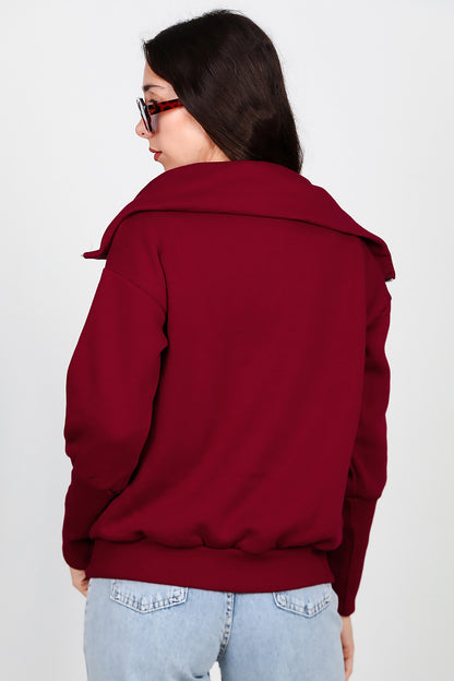Kadın Dik Yaka Fermuarlı Sweat Bordo