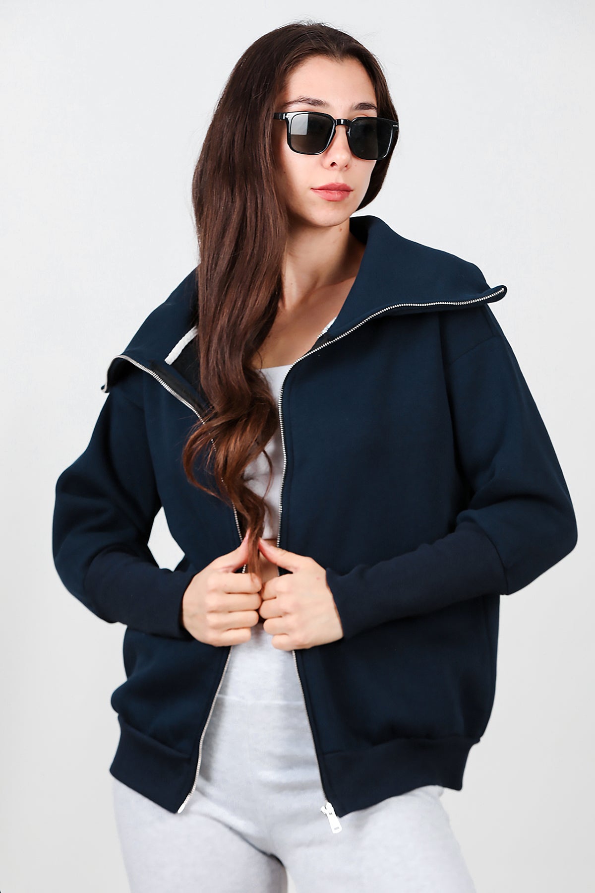 Kadın Dik Yaka Fermuarlı Sweat Lacivert