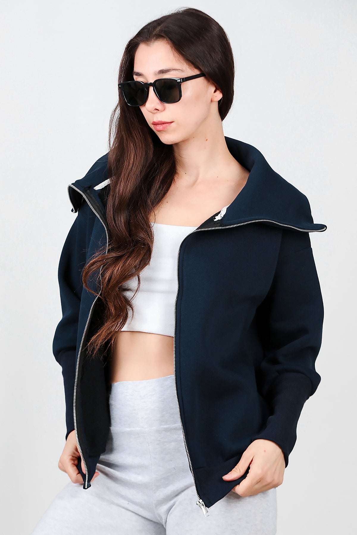 Kadın Dik Yaka Fermuarlı Sweat Lacivert