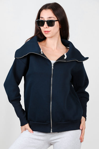 Kadın Dik Yaka Fermuarlı Sweat Lacivert