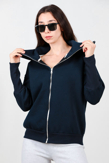 Kadın Dik Yaka Fermuarlı Sweat Lacivert