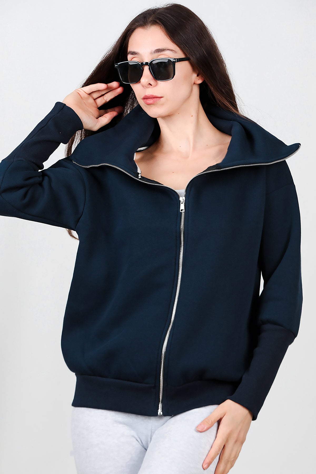 Kadın Dik Yaka Fermuarlı Sweat Lacivert