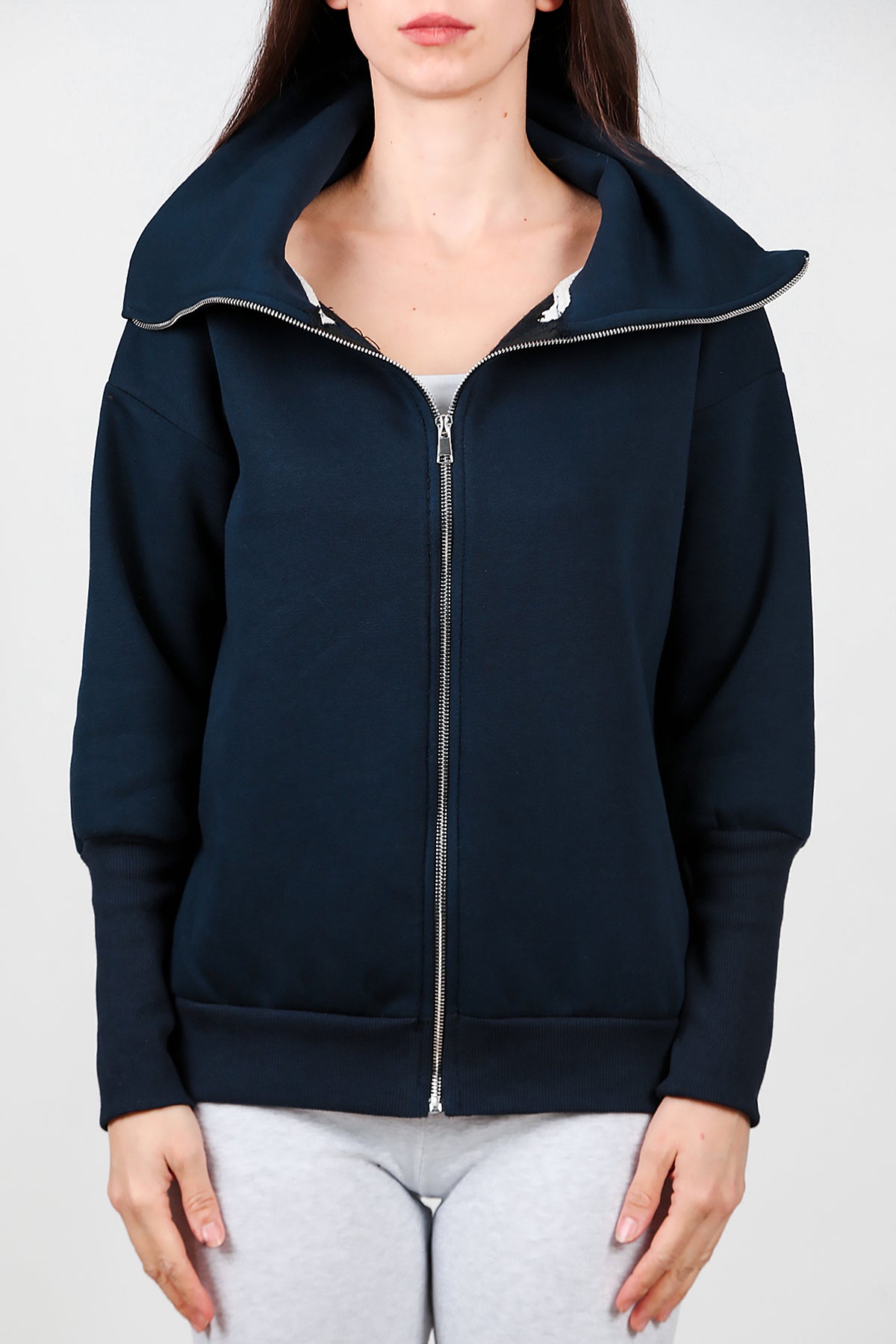Kadın Dik Yaka Fermuarlı Sweat Lacivert